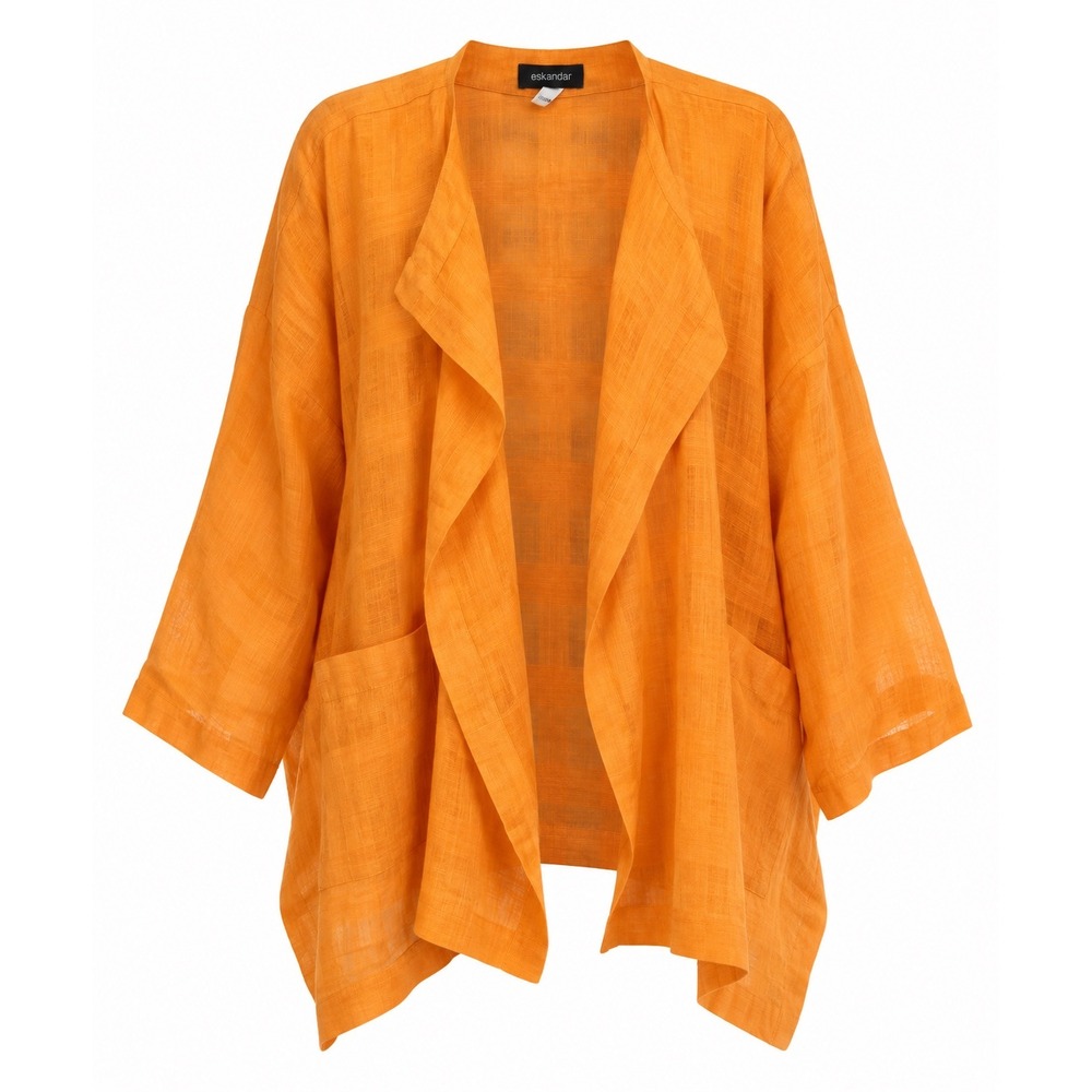 Eskandar Open Front Linen Jacket Marigold Orange Checkered Basketweave 1